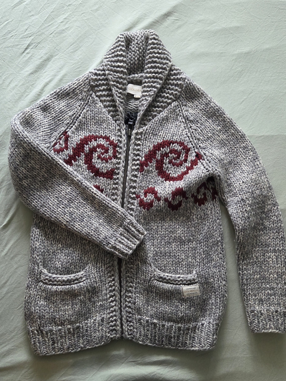 Aritzia Gray Marled Zip Cardigan with Red Intarsia